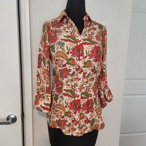 Gretchen Scott Designs Floral Button-Down Shirt in Cream, Red, Green